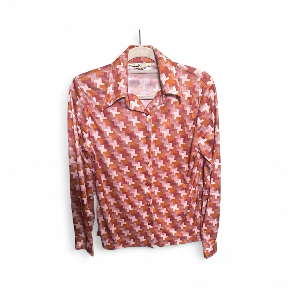 Vintage 70s Devon Double Knit Poly Geometric Button-Up Shirt. Grannycore